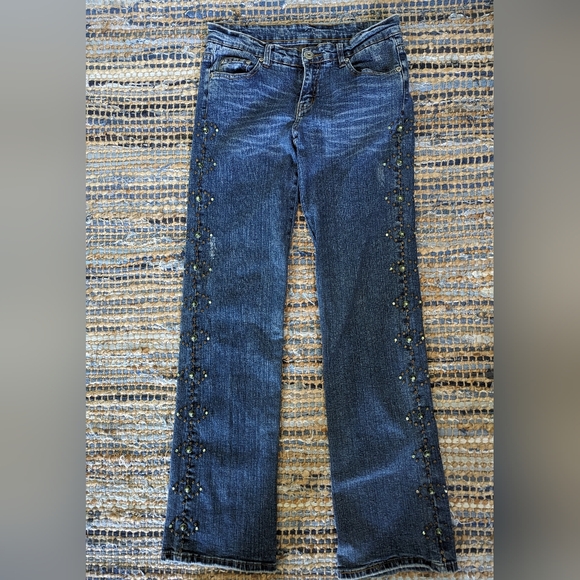 Vtg Y2K Studded Low & Loose Dark Wash Denim Jeans 2 Bling Embellished Retro - Picture 1 of 9